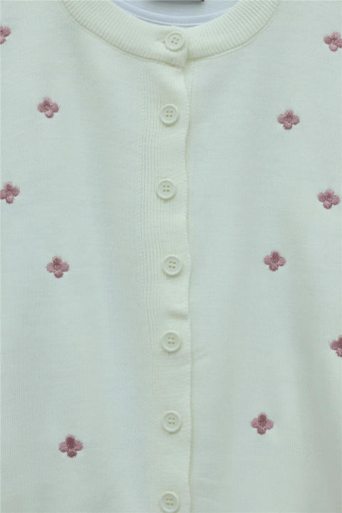 Serpme Çiçek Nakışlı Düğmeli Oversize Triko Hırka -Ekru-Hırka-109-9794-R07