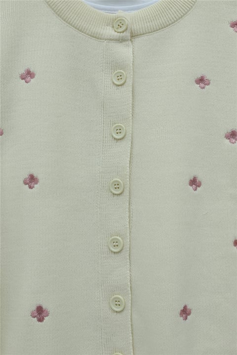 Serpme Çiçek Nakışlı Düğmeli Oversize Triko Hırka -Krem-Hırka-109-9794-R28