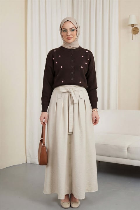 Serpme Çiçek Nakışlı Düğmeli Oversize Triko Hırka -K. Kahve-Hırka-109-9794-R54