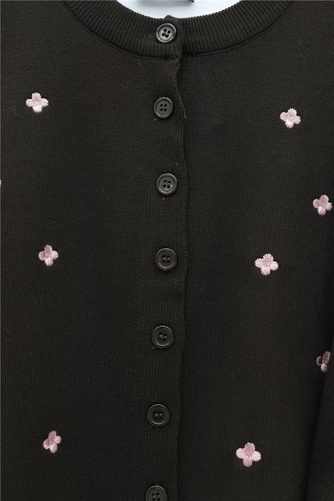 Serpme Çiçek Nakışlı Düğmeli Oversize Triko Hırka -K. Kahve-Hırka-109-9794-R54