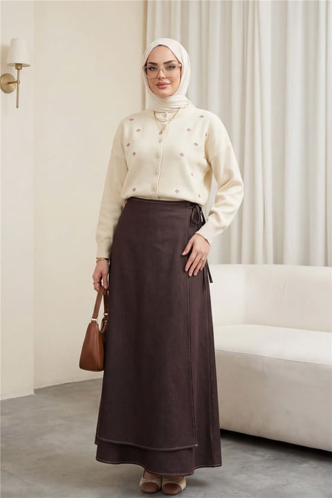 Serpme Çiçek Nakışlı Düğmeli Oversize Triko Hırka -Krem-Hırka-109-9794-R28