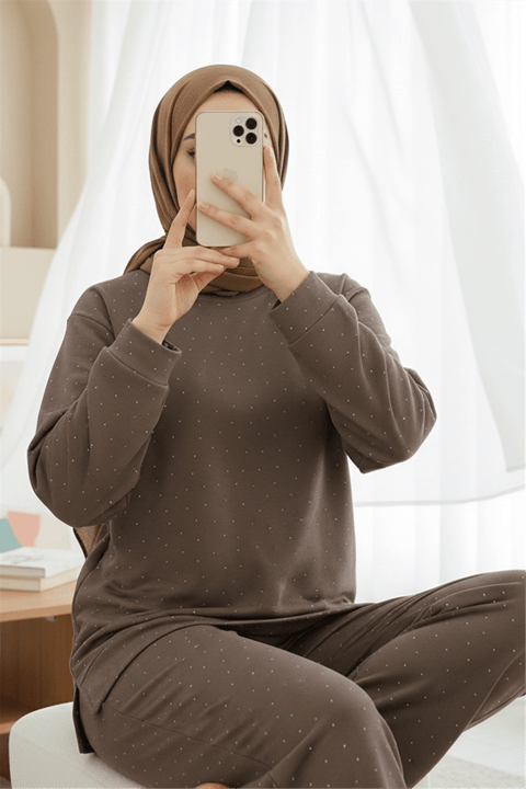 Serpme Taş Detaylı Pantolonlu Oysho Takım -Açık Kahve-Takım-253-13075-R76