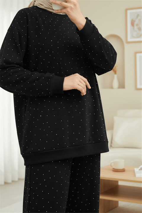 Serpme Taş Detaylı Pantolonlu Oysho Takım -Siyah-Takım-253-13075-R01