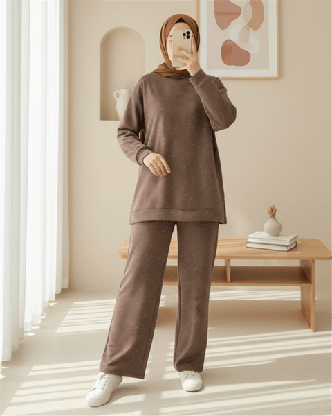 Serpme Taş Detaylı Pantolonlu Oysho Takım -Açık Kahve-Takım-253-13075-R76