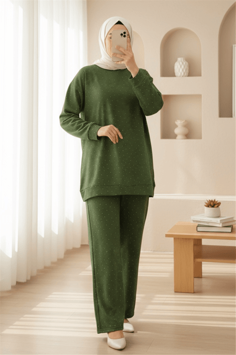 Serpme Taş Detaylı Pantolonlu Oysho Takım -Koyu Yeşil-Takım-253-13075-R79