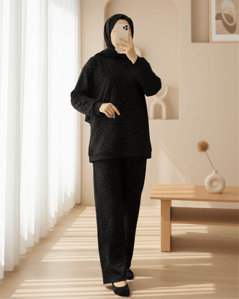 Serpme Taş Detaylı Pantolonlu Oysho Takım -Siyah-Takım-253-13075-R01