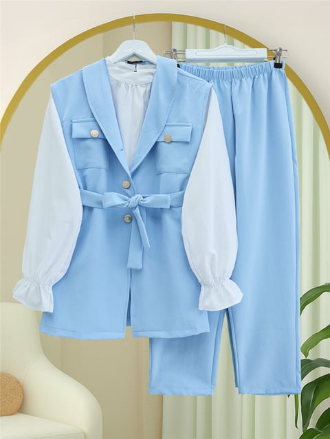 Sıfır Kol Önü Düğmeli Beli Kemerli Üçlü Takım  -Bebe Mavi-Takım-386-6169-R32