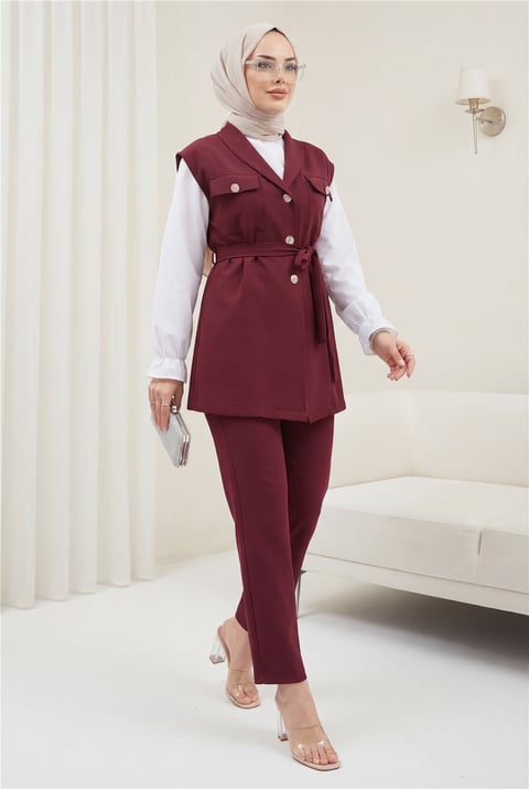 Sıfır Kol Önü Düğmeli Beli Kemerli Üçlü Takım  -Bordo-Takım-386-6169-R04