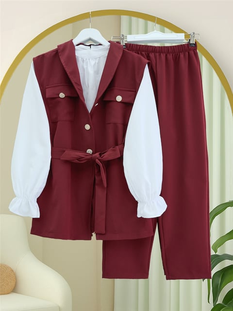Sıfır Kol Önü Düğmeli Beli Kemerli Üçlü Takım  -Bordo-Takım-386-6169-R04