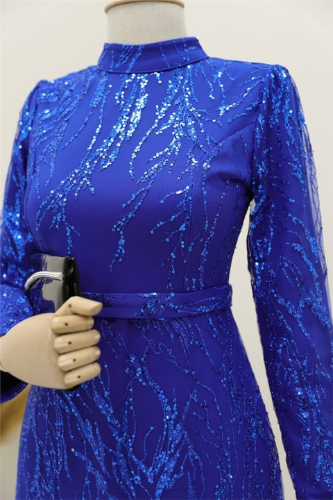 Simli Pullu Astarlı Kalem Elbise -Saks-Elbise-111-61349-R10