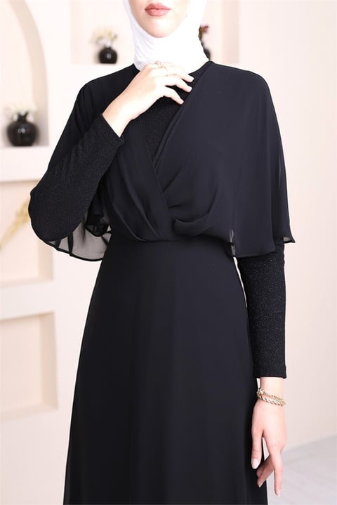فستان سهرة طويل شيفون لامع - أسود-Abiye-111-60741-R01