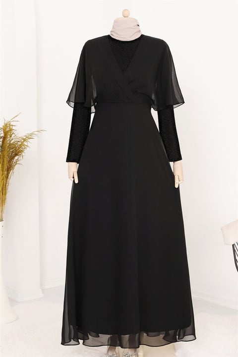 فستان سهرة طويل شيفون لامع - أسود-Abiye-111-60741-R01
