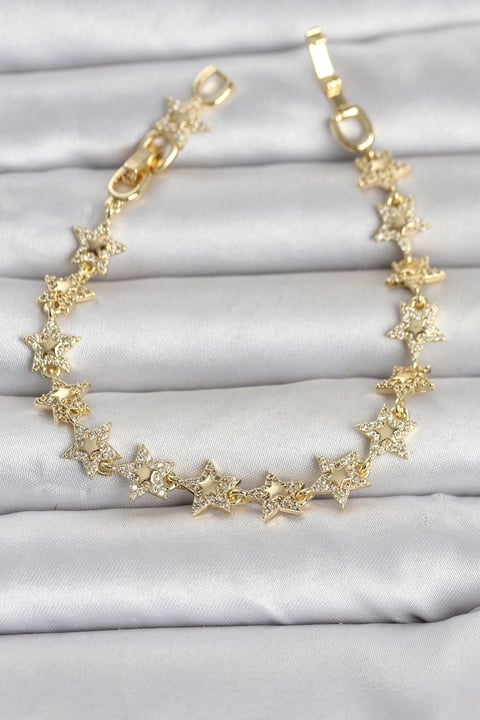 Sıralı Yıldız Model Zirkon Taşlı Gold Renk Pirinç Kadın Bileklik