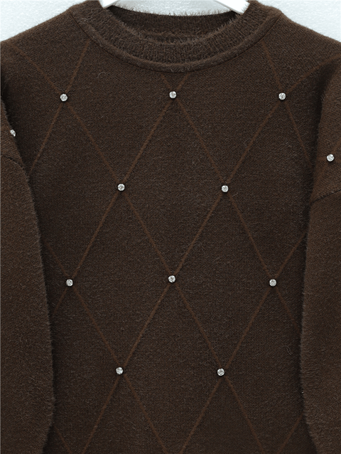 Taş Detaylı Baklava Desen Sakallı Triko Tunik -Kahve-Kazak-295-6446-R15
