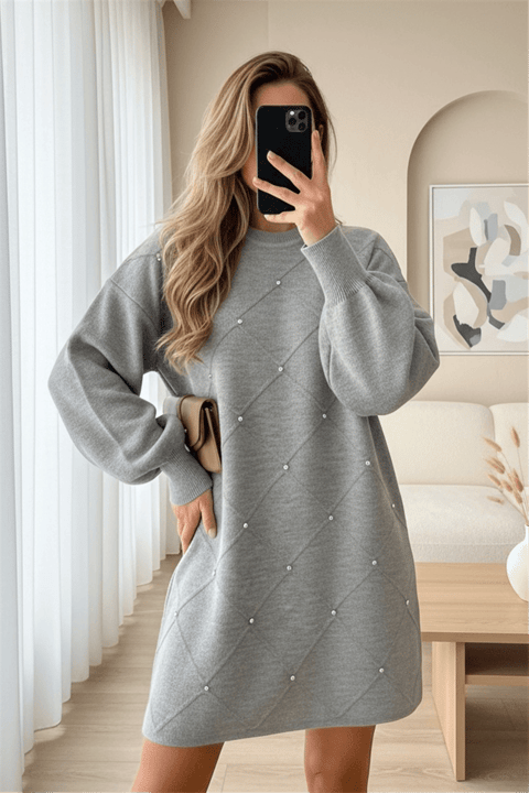 Taş Detaylı Kare Desenli Triko Tunik -Gri-Tunik-295-1013-R11