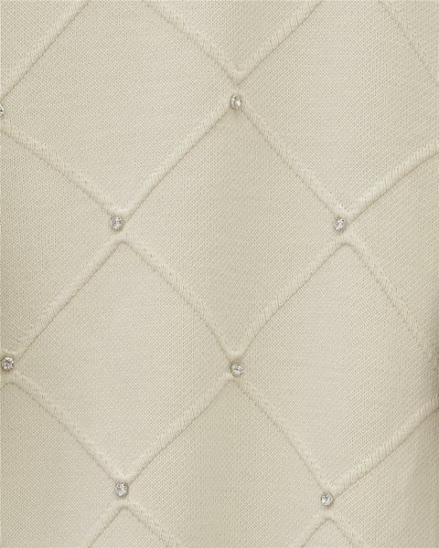 Taş Detaylı Kare Desenli Triko Tunik -Krem-Tunik-295-1013-R28