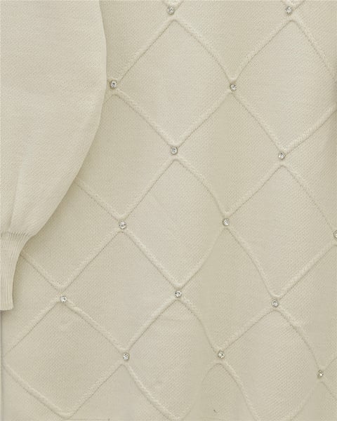 Taş Detaylı Kare Desenli Triko Tunik -Krem-Tunik-295-1013-R28
