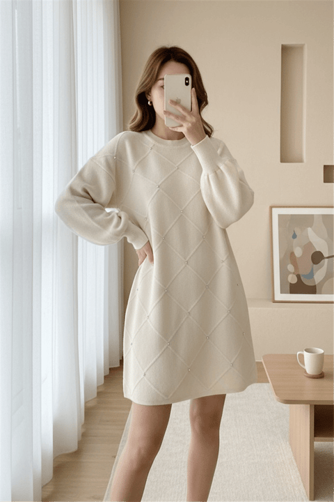 Taş Detaylı Kare Desenli Triko Tunik -Krem-Tunik-295-1013-R28