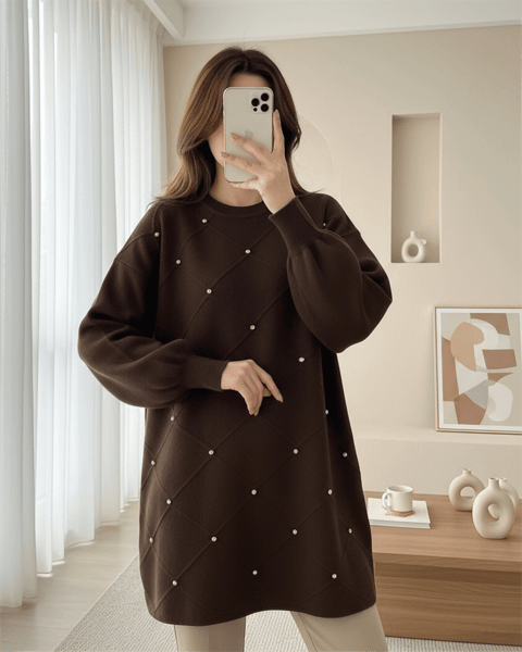 Taş Detaylı Kare Desenli Triko Tunik -Kahve-Tunik-295-1013-R15