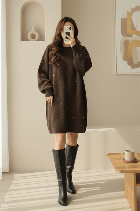 Taş Detaylı Kare Desenli Triko Tunik -Kahve-Tunik-295-1013-R15