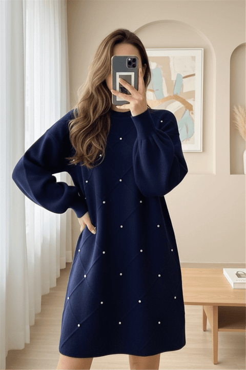 Taş Detaylı Kare Desenli Triko Tunik -Laci-Tunik-295-1013-R03