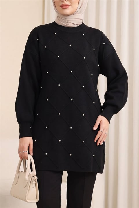 Taş Detaylı Kare Desenli Triko Tunik -Siyah-Tunik-295-1013-R01