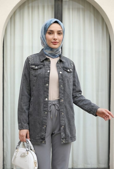 Taş İşlemeli Yıkamalı Kot Ceket    -Füme