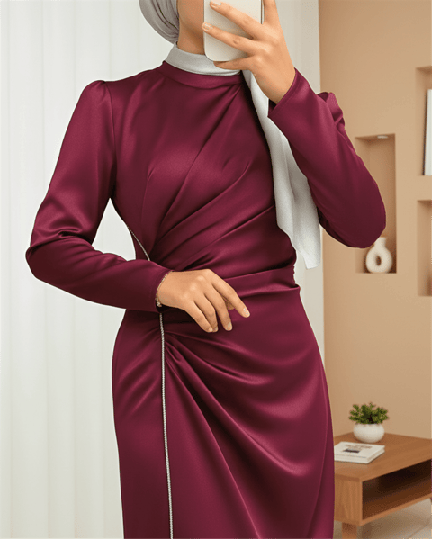 Taş Şeritli Beli Drapeli Saten Abiye -Bordo-Abiye-316-4668-R04