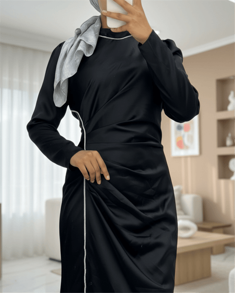 Taş Şeritli Beli Drapeli Saten Abiye -Siyah-Abiye-316-4668-R01