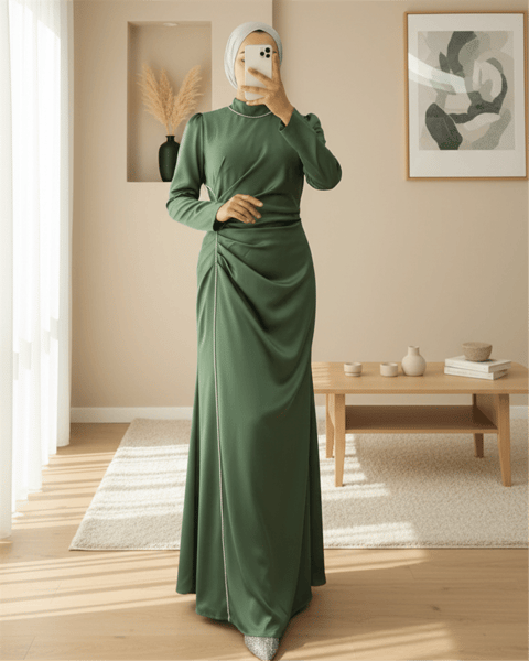 Taş Şeritli Beli Drapeli Saten Abiye -Yeşil-Abiye-316-4668-R35
