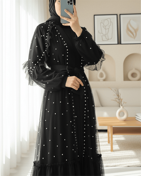 Taş Ve İnci Detaylı Kemerli İkili Tül Abaya Takım -Siyah-Abaya-407-3645-R01
