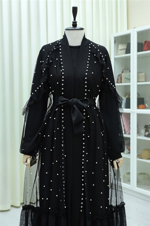 Taş Ve İnci Detaylı Kemerli İkili Tül Abaya Takım -Siyah-Abaya-407-3645-R01