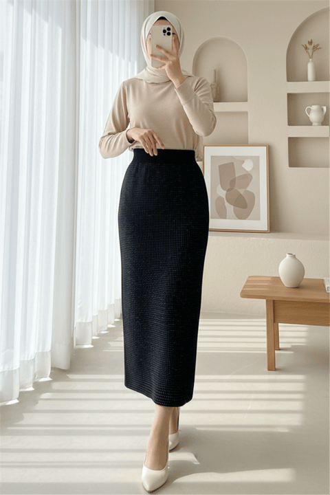Taşlı Beli Lastikli Kalem Etek -Siyah-Etek-307-012285-R01