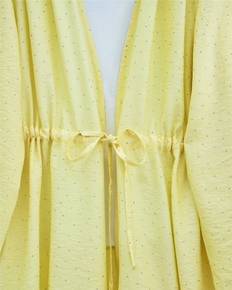 Taşlı Bol Paça Pantolonlu Tünel Bağcıklı Kimono Takım -Sarı-Takım-111-40683-R22
