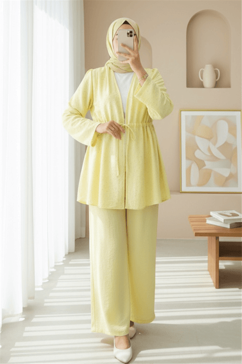 Taşlı Bol Paça Pantolonlu Tünel Bağcıklı Kimono Takım -Sarı-Takım-111-40683-R22