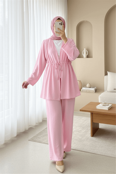 Taşlı Bol Paça Pantolonlu Tünel Bağcıklı Kimono Takım -Pembe-Takım-111-40683-R20