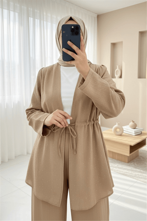 Taşlı Bol Paça Pantolonlu Tünel Bağcıklı Kimono Takım -Vizon-Takım-111-40683-R23
