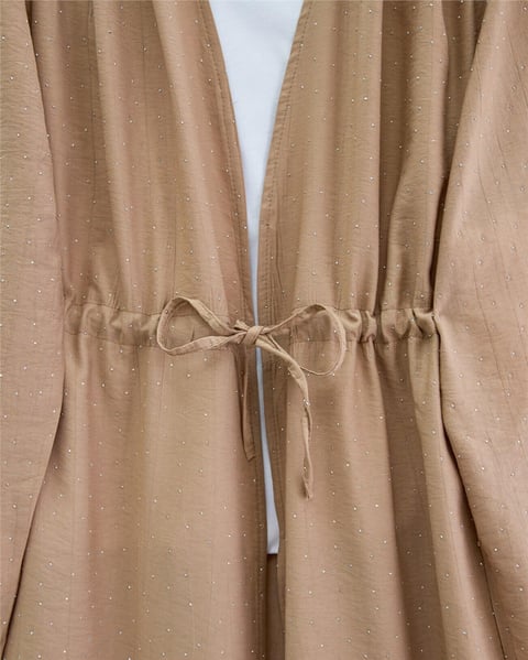 Taşlı Bol Paça Pantolonlu Tünel Bağcıklı Kimono Takım -Vizon-Takım-111-40683-R23
