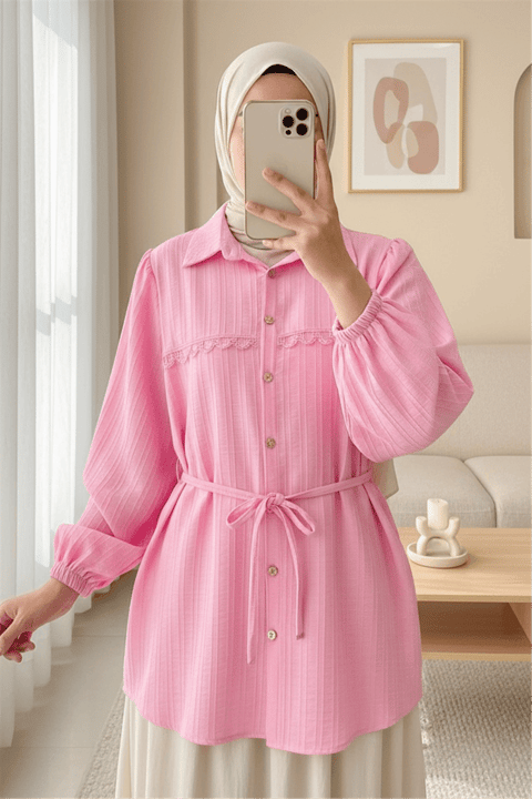 Taşlı Düğmeli Beli Bağlamalı Dantel Detaylı Gömlek -Pembe-Gömlek-398-1058-R20