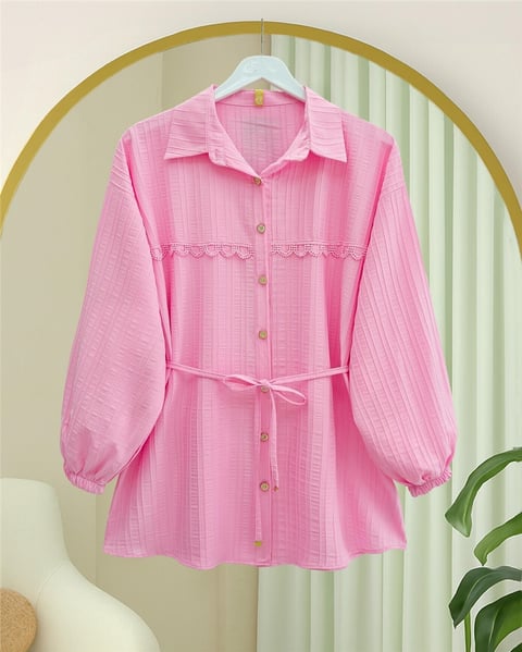 Taşlı Düğmeli Beli Bağlamalı Dantel Detaylı Gömlek -Pembe-Gömlek-398-1058-R20