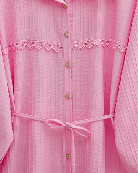 Taşlı Düğmeli Beli Bağlamalı Dantel Detaylı Gömlek -Pembe-Gömlek-398-1058-R20