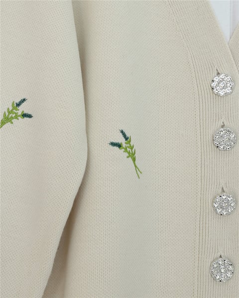Taşlı Düğmeli Dal Desenli Triko Hırka -Krem-Hırka-357-6207-R28