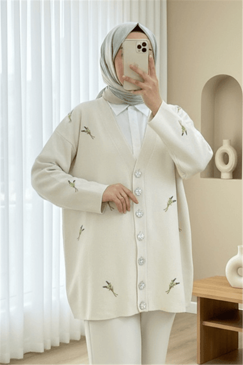 Taşlı Düğmeli Dal Desenli Triko Hırka -Krem-Hırka-357-6207-R28