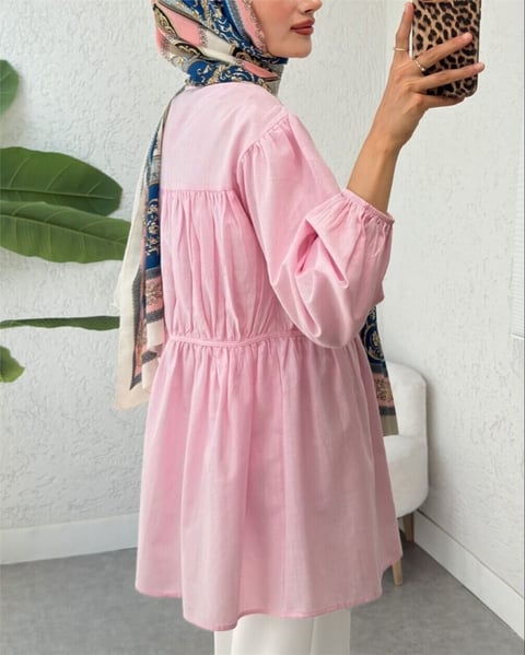 Taşlı Düğmeli Kolu Lastikli Bağlama Detaylı Gömlek  -Pembe-Gömlek-102-2105-R20