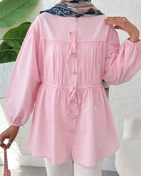 Taşlı Düğmeli Kolu Lastikli Bağlama Detaylı Gömlek  -Pembe-Gömlek-102-2105-R20