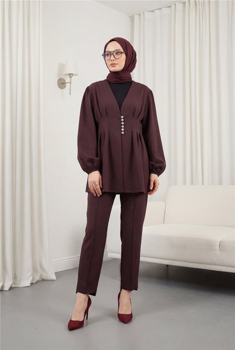 Taşlı Düğmeli Kolu Lastikli Double Pantolonlu Takım  -K. Bordo-Takım-307-0077-R52