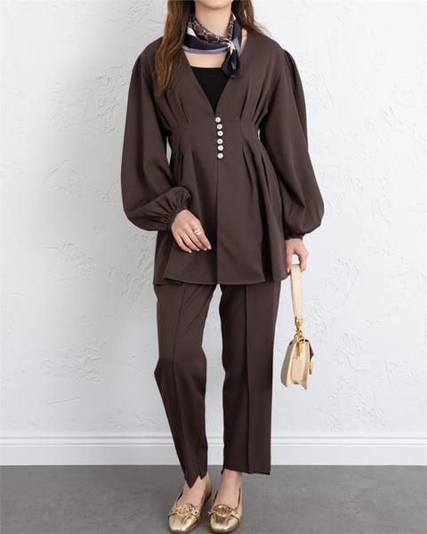 Taşlı Düğmeli Kolu Lastikli Double Pantolonlu Takım  -K. Kahve-Takım-307-0077-R54