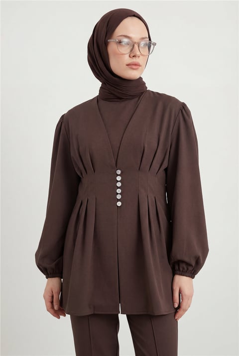Taşlı Düğmeli Kolu Lastikli Double Pantolonlu Takım  -K. Kahve-Takım-307-0077-R54