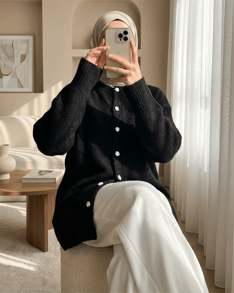 Taşlı Düğmeli Yumoş Salaş Triko Hırka -K. Kahve-Hırka-109-0945-R54