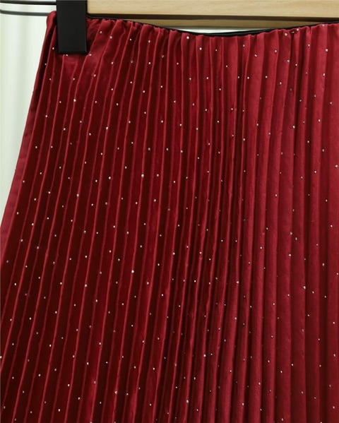 Taşlı Pliseli Kraş Etek  -Kırmızı-Etek-207-2525-R33